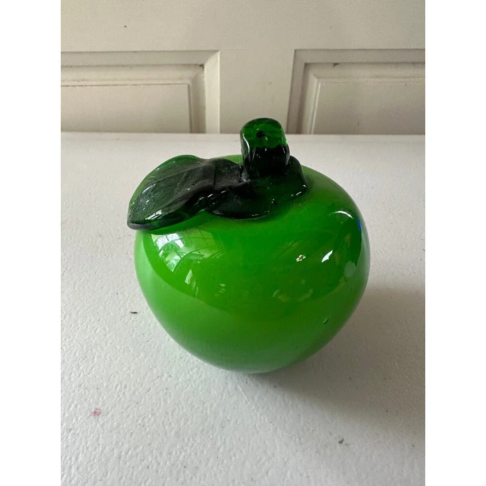 Handblown Murano Style MCM Green Apple Art Glass Paperweight Shelf Sitter